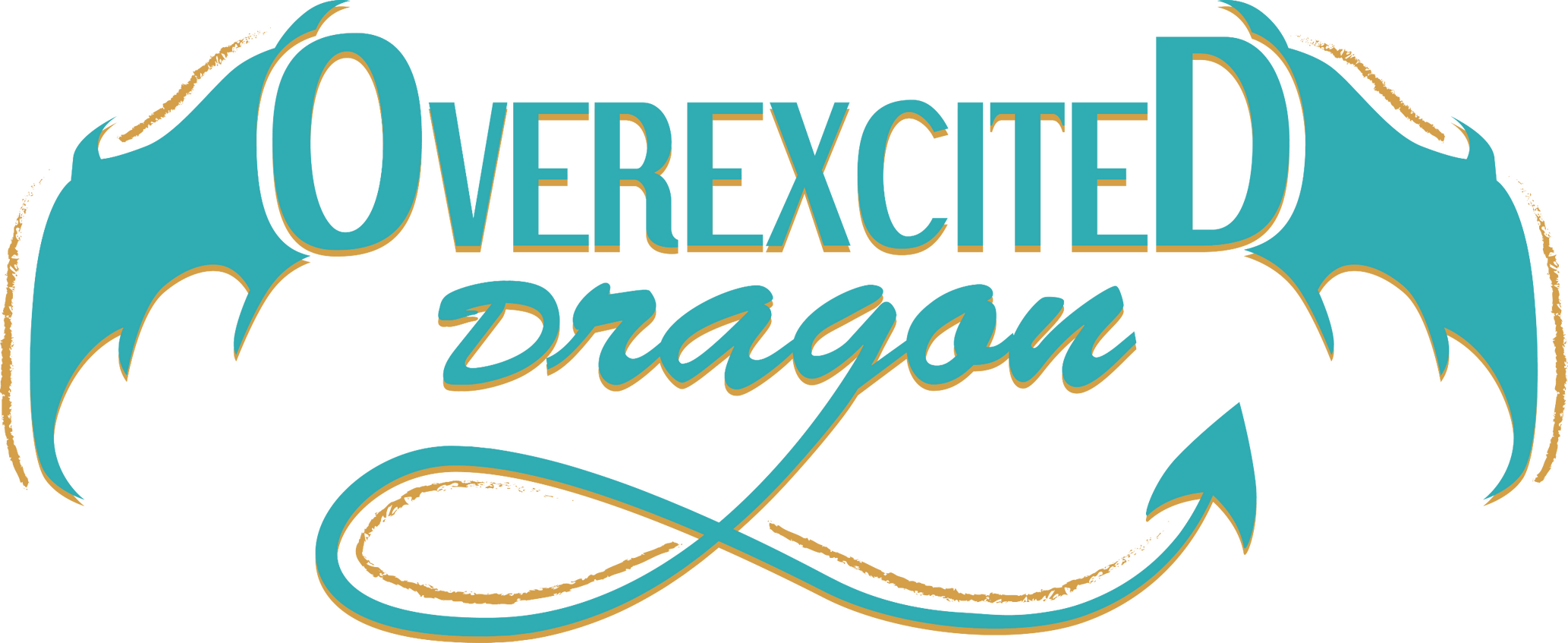 OverexcitedDragon logo, the brand name is teal, framed by two dragon wings and with a dragon tail swooping down from the letter g in "dragon"